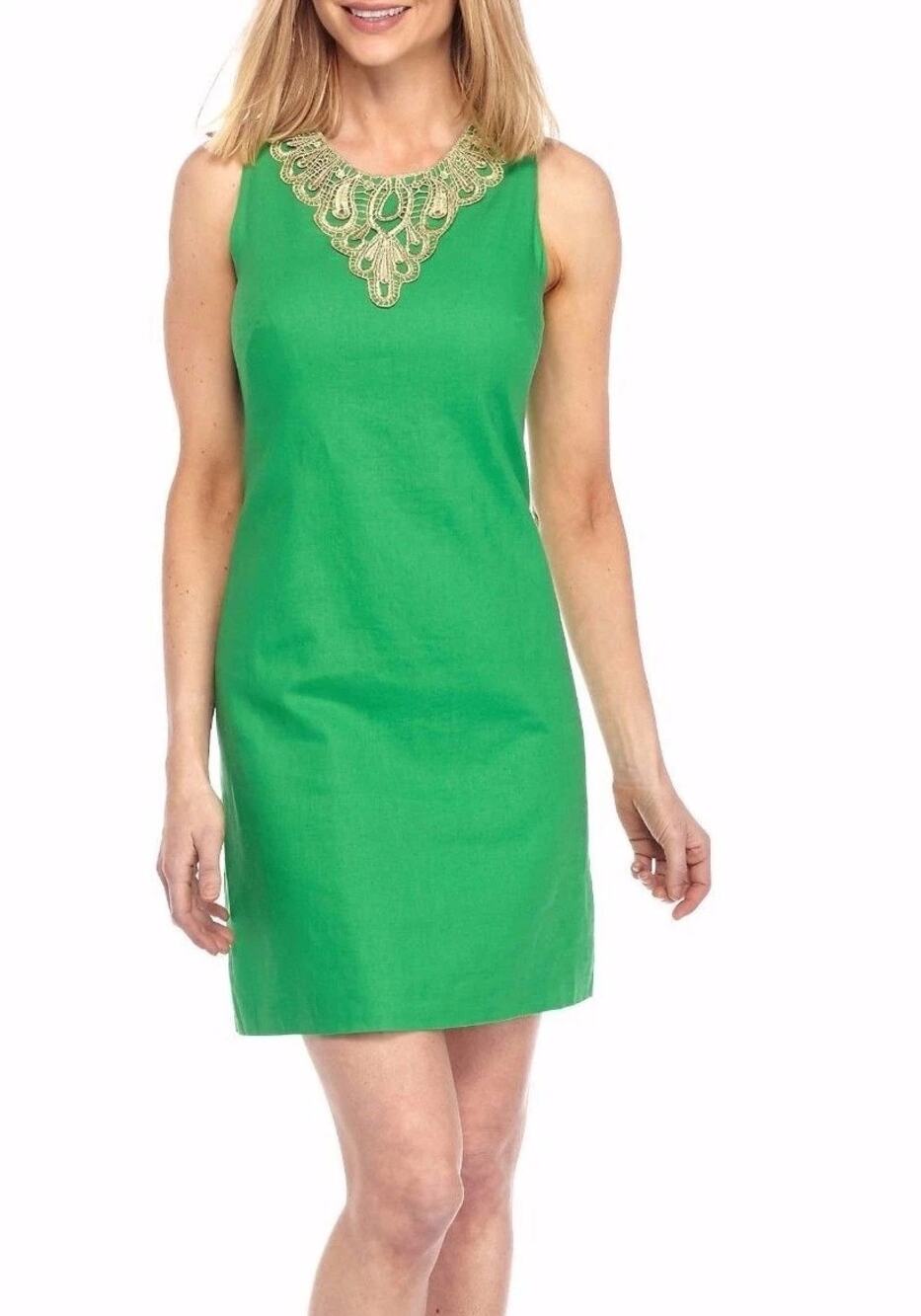 J Howard NWT Kelly Green Linen Blend Gold Lace Trim Sleeveless Shift Dress